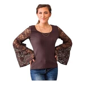 willow-root NWT Women’s Fitted Knit Top Contrast Lace Bell Sleeves Raisin Small